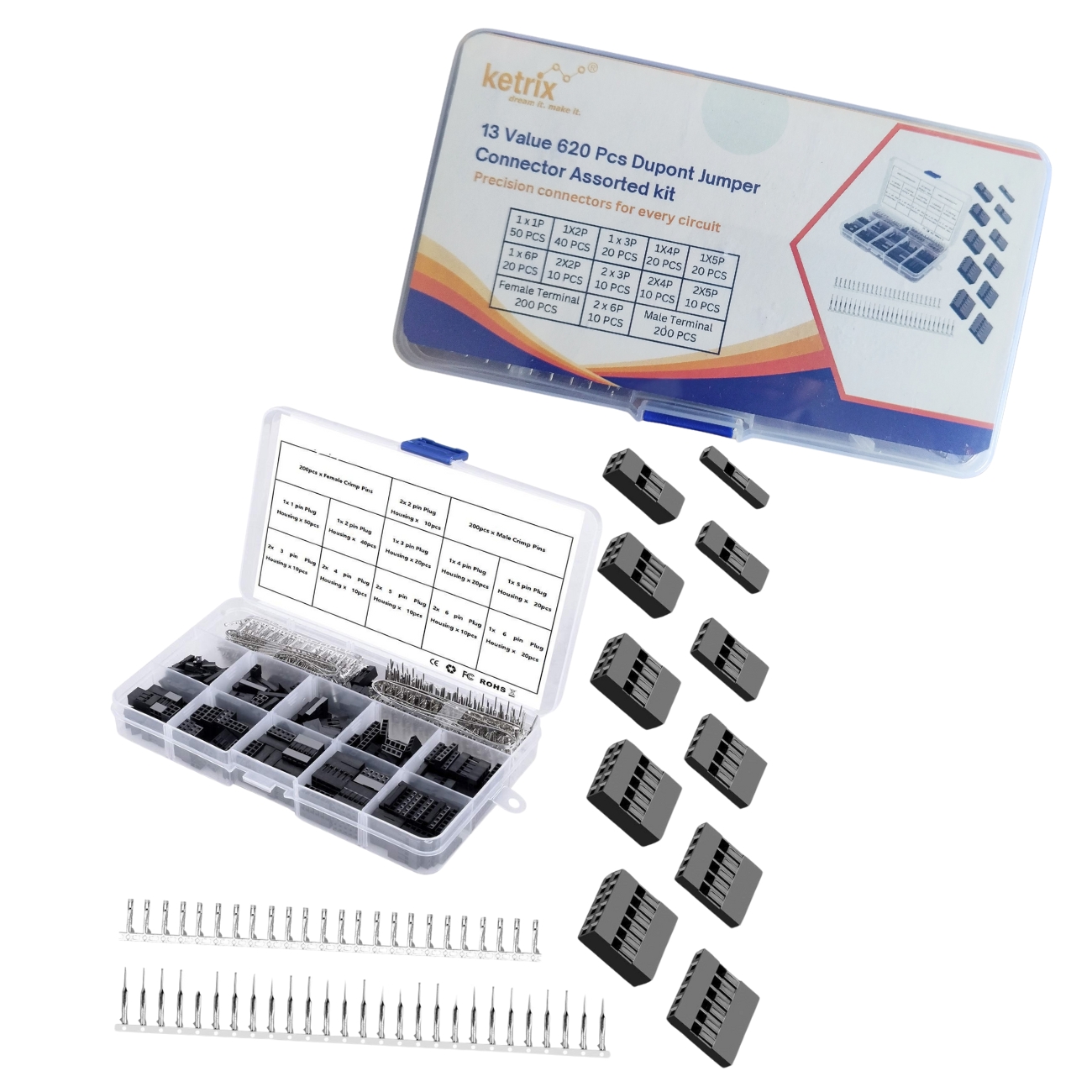 620 pcs Dupont Connector 2.54mm, Dupont Cable Jumper Wire Pin Header Housing Assorted Kit