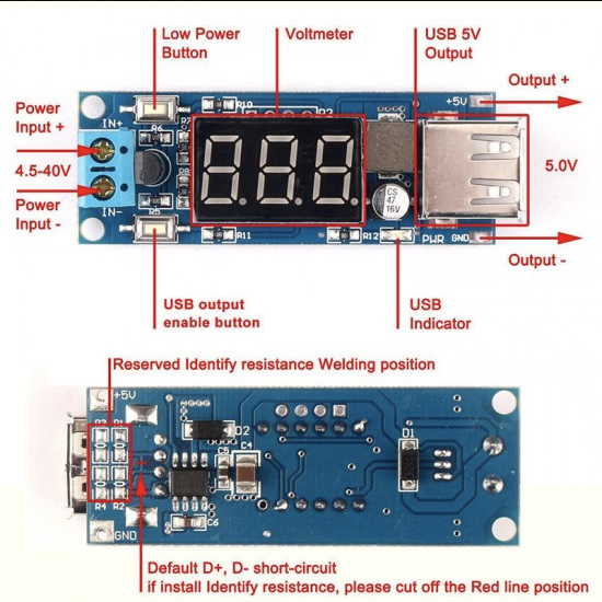 DC-DC 4.5-40V To 5V 2A USB Charger Step down Converter Voltmeter Module